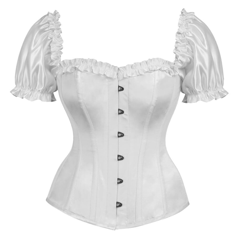 5667 Top Drawer Steel Boned White Satin Overbust Corset W/Sleeves 2x